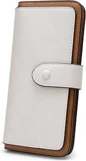 Alldaily RFID Blocking Leather Wallet for Women, Slim Trifold with 14 Card Slots and Zipper Pocket (White&Brown)