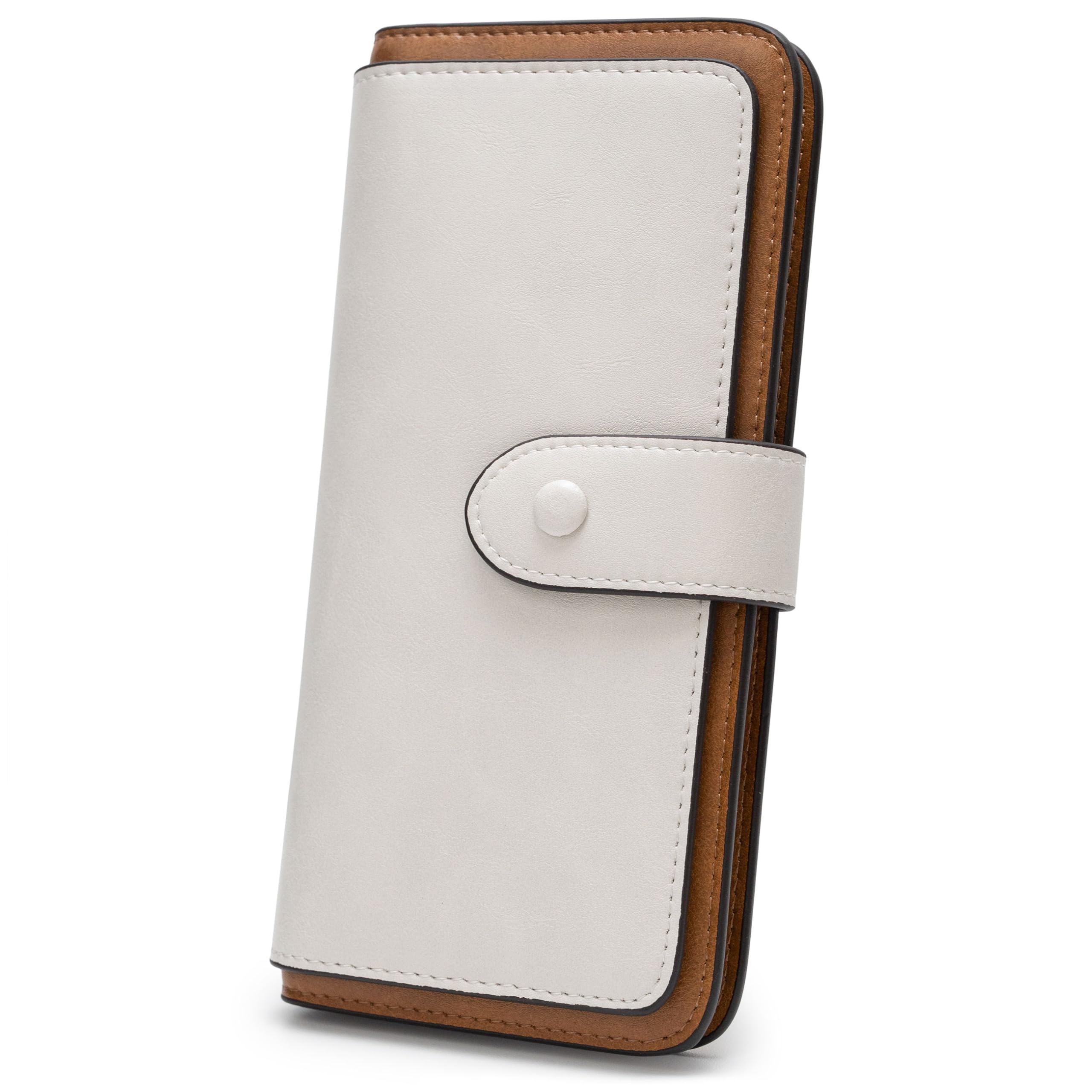 RFID Blocking Leather Wallet for Women, Slim Trifold with 14 Card Slots and Zipper Pocket (White&Brown)