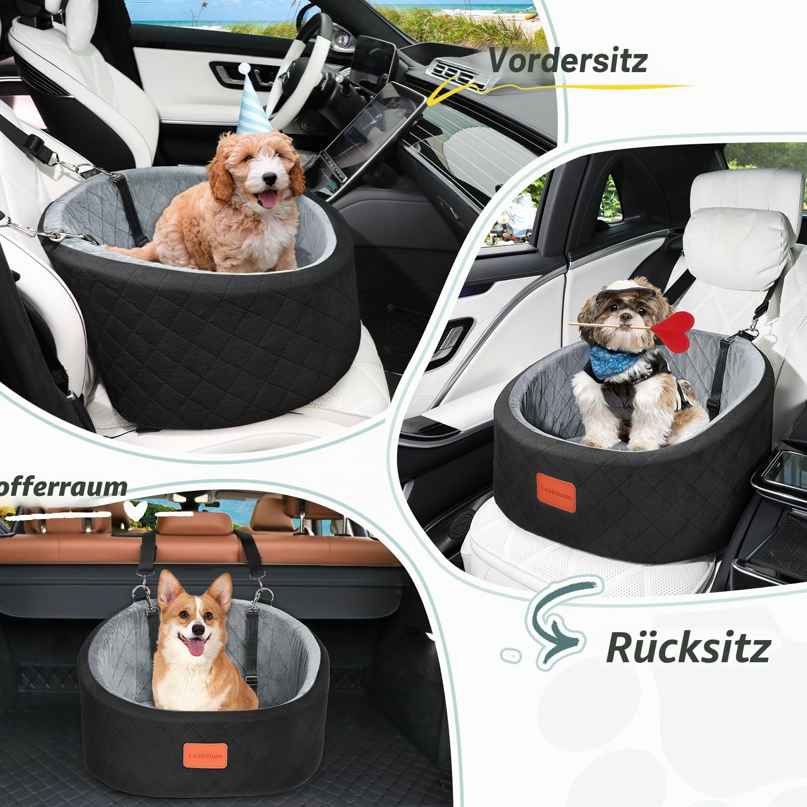 Lealchum Hunde-Autositz, bequemer Haustier-Autositz mit Sicherheitsleinen zum Anklippen, waschbares Reise-Autobett mit Rutschfester Unterseite (Black/Grey, Small)