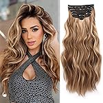 NAYOO Clip in Hair Extensions for Women 20 Inch Long Wavy Curly Brown Mix Blonde Hairpieces Full Head Synthetic Hairpieces (6PCS, Brown Mix Blonde)