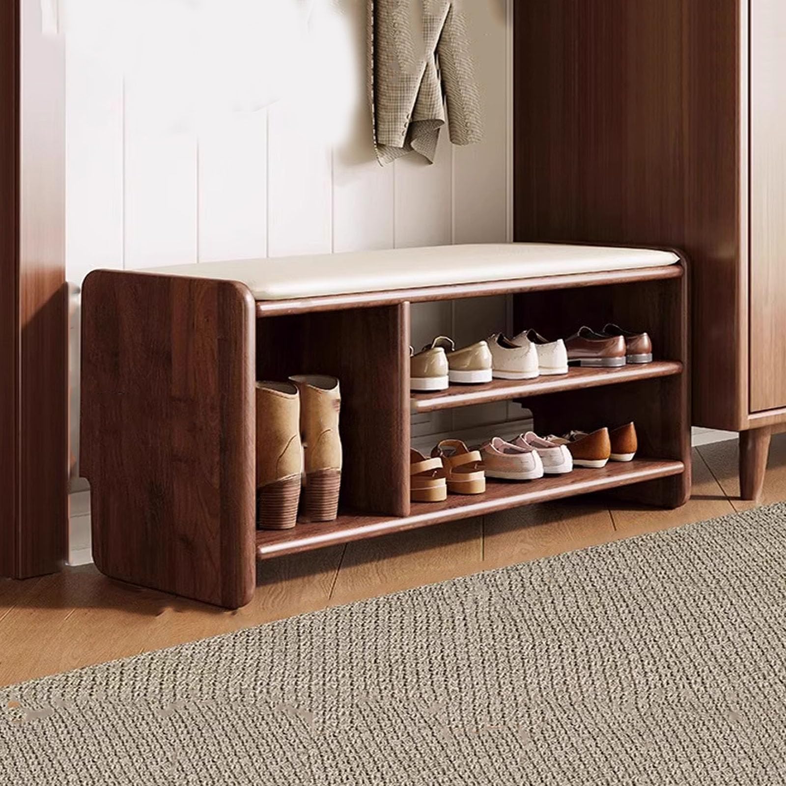 LWJSOCP Shoe Storage Bench with Cushion 2-Tier Solid Wood Shoe Rack Stool for Entryway Hallway & Closet - Stylish & Functional 120cm (100cm) Shoe nizer