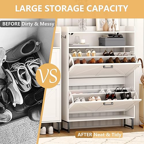 Miniatura 5 de Zapatero con 2 cajones abatibles, organizador de almacenamiento oculto independiente para entrada, zapatero estrecho y delgado con almacenamiento