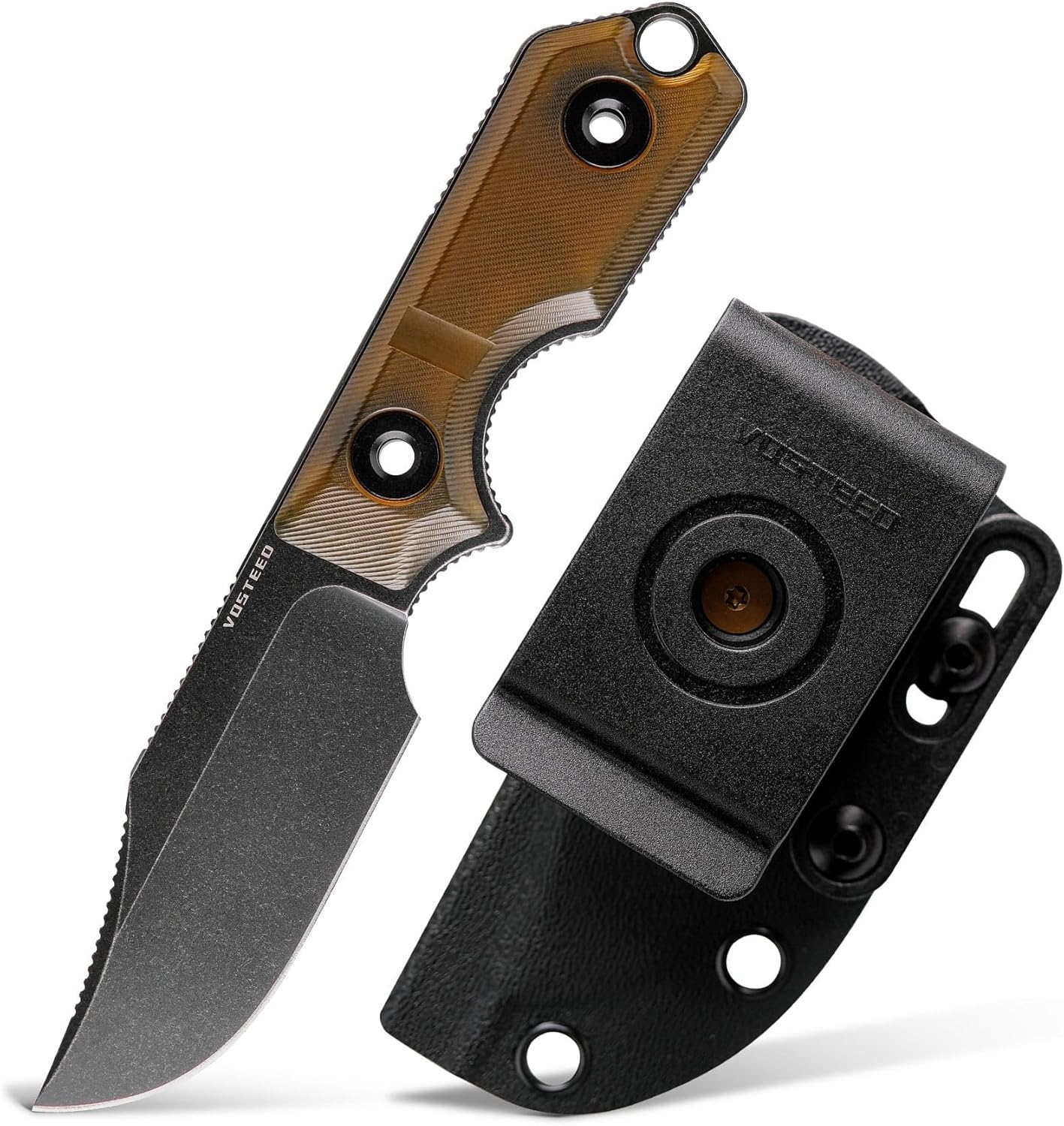 Vosteed Quokka EDC Fixed Blade Knife - 2.72" 14C28N Blade with Sheath, Amber PEI Handle with S.O.A.R. Clip for Hunting Camping Knives - D0603