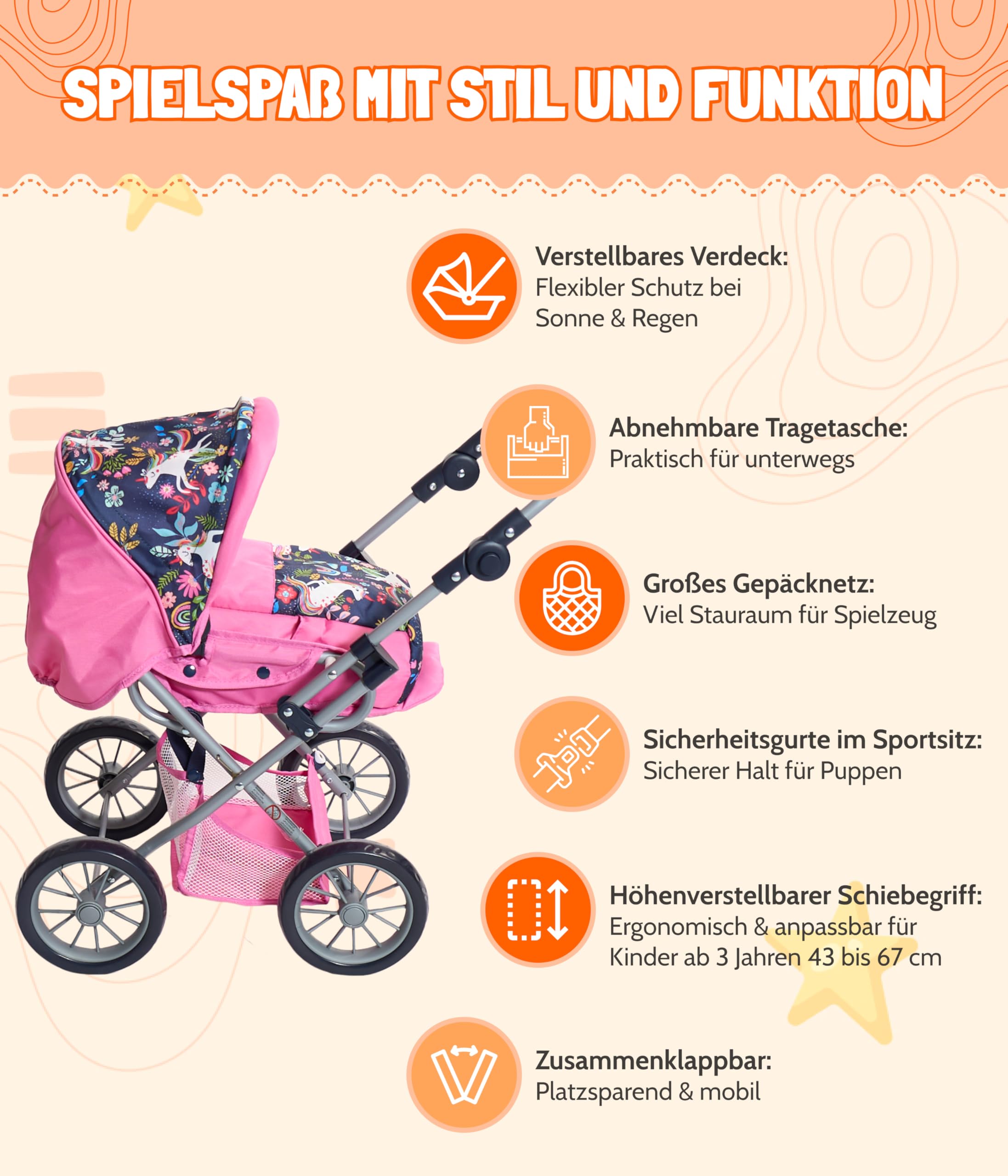 Bayer Chic 2000 - Wózek dla lalek Leni, wózek dla lalek 2 w 1 z wyjmowaną torbą do noszenia, jednorożec, granatowo-różowy, 560-43