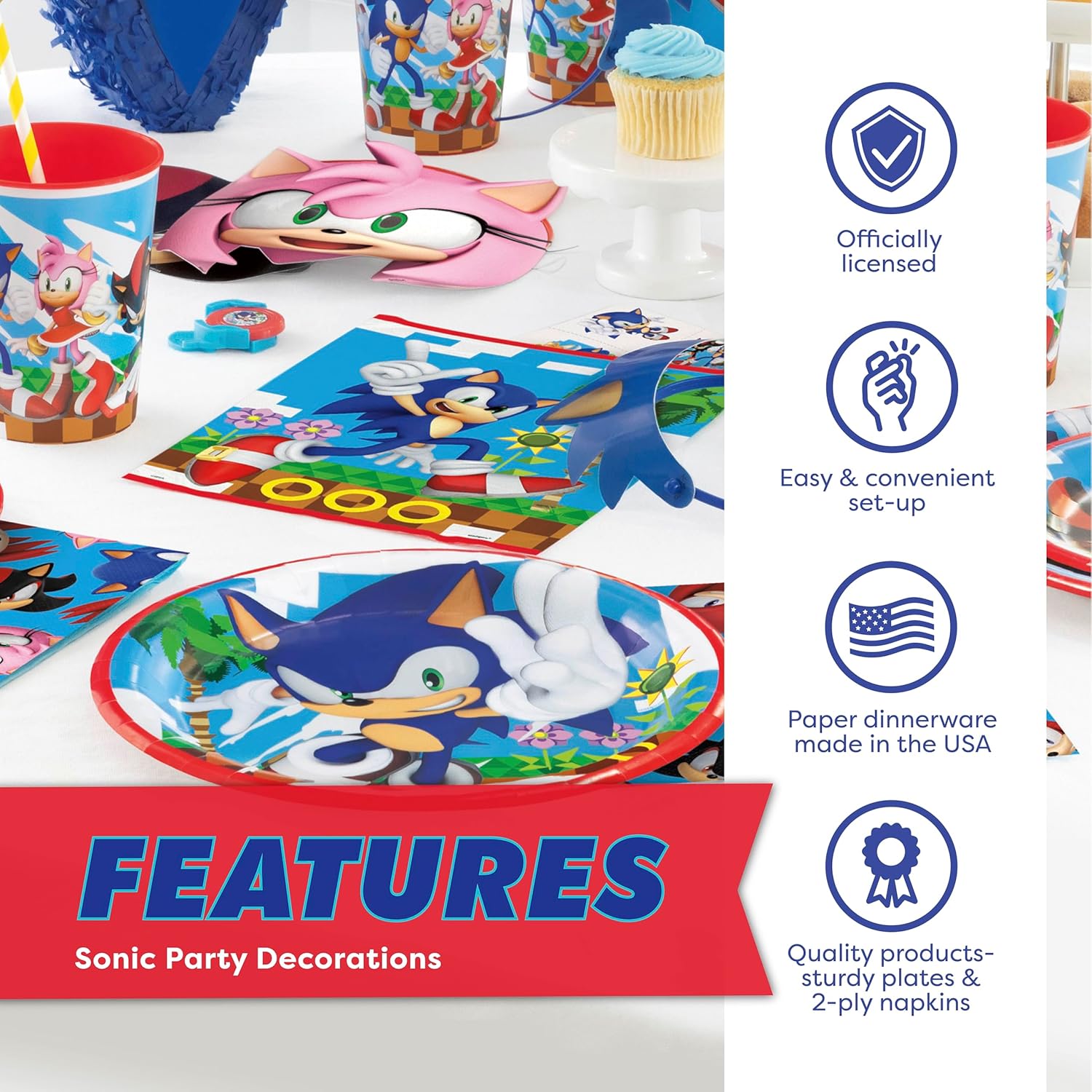 Sonic Birthday Party Decorations | Serves 16 Guests | Masks, Tattoos, Banner, Tablecloth, Plates, Napkins, Sticker | Officially Licensed