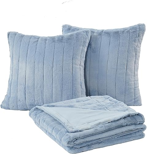 Home Soft Things Manta de piel sintética de conejo (60 x 80 pulgadas) y 2 fundas de almohada (18 x 18 pulgadas), juego de 3 almohadas Arcadia,