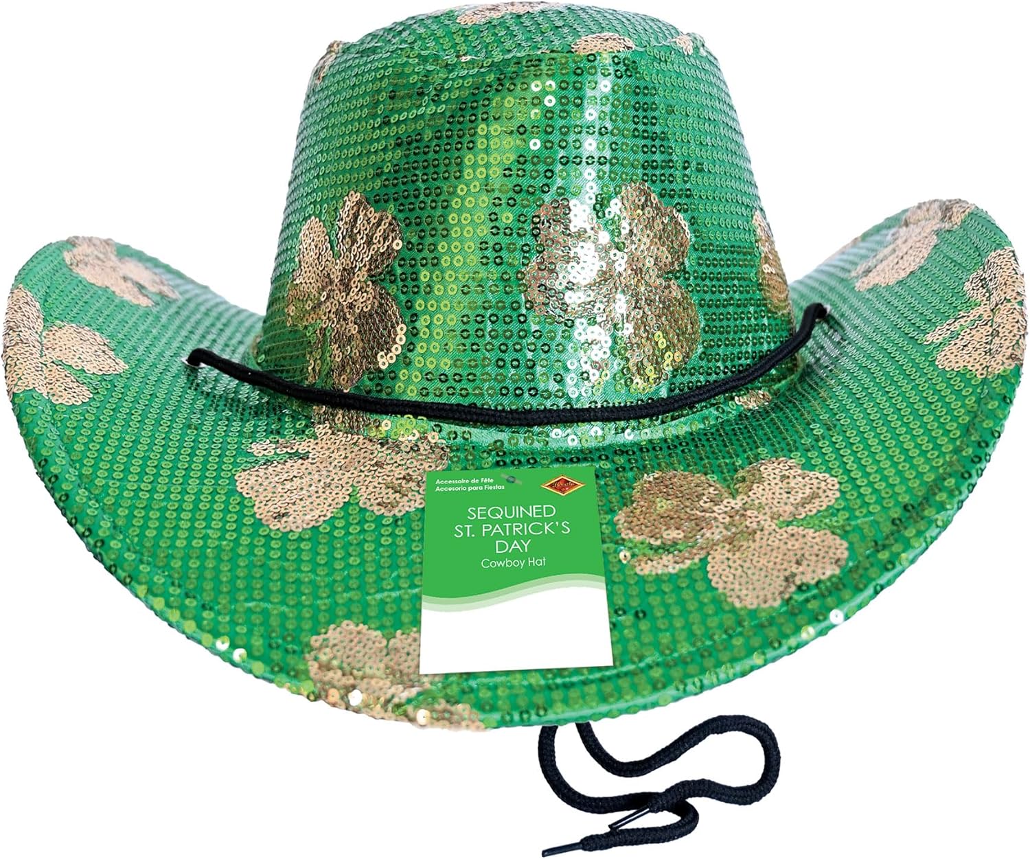 Beistle Sequined St. Patrick’s Day Cowboy Hat – Green Western Hat with Gold Shamrocks, Sparkling Costume Accessory with Adjustable Chin Strap for St. Paddy’s Parties, Parades & Irish Celebrations