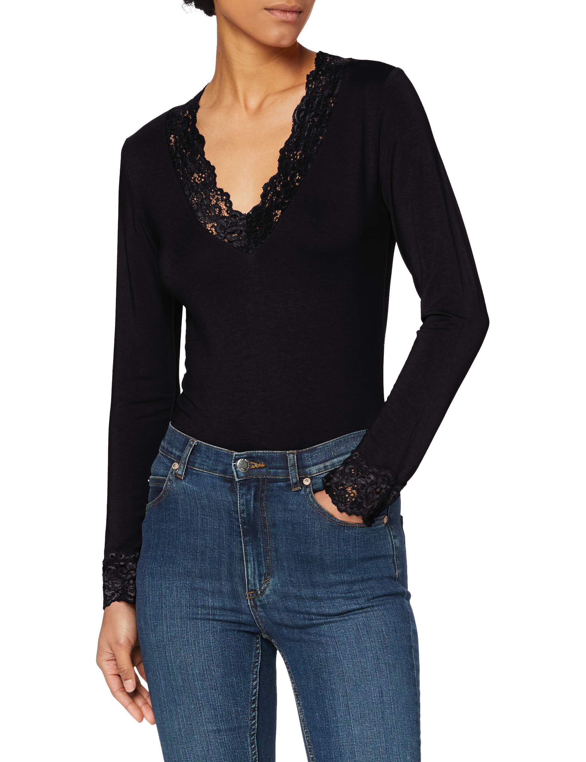 Morgan Long-Sleeved Lace T-Shirt, Black, UK 4