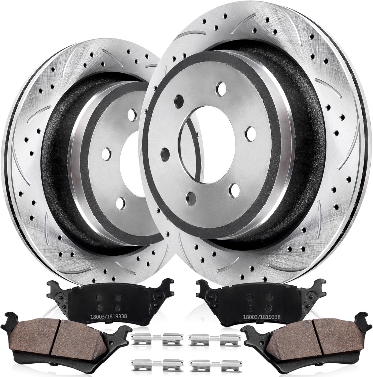 Rear Drilled and Slotted Brake Pads and Rotors Kit Ceramic Automotive Replacement Brake Kits Vented 13.70 Inch Compatible for Ford F150 Lobo 2012-2020 w/Manual Parking Brake (10 Pcs)