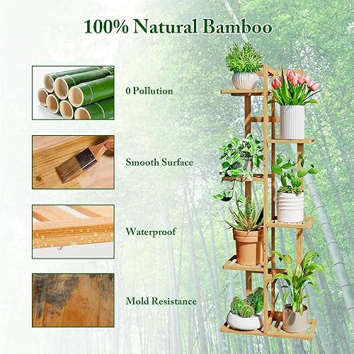 Miniatura 4 de DolceLuna Soporte para plantas de interior de esquina, estante escalonado de bambú para plantas de 46 pulgadas de alto, estante para plantas de 6