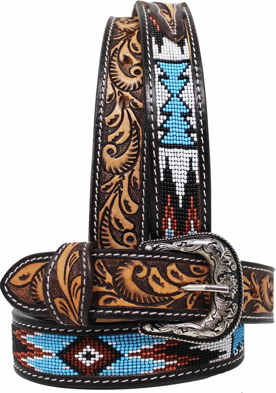 CHALLENGER Kids Youth Western Rodeo Floral Tooled Beaded Leather Belt 26RT12Kids