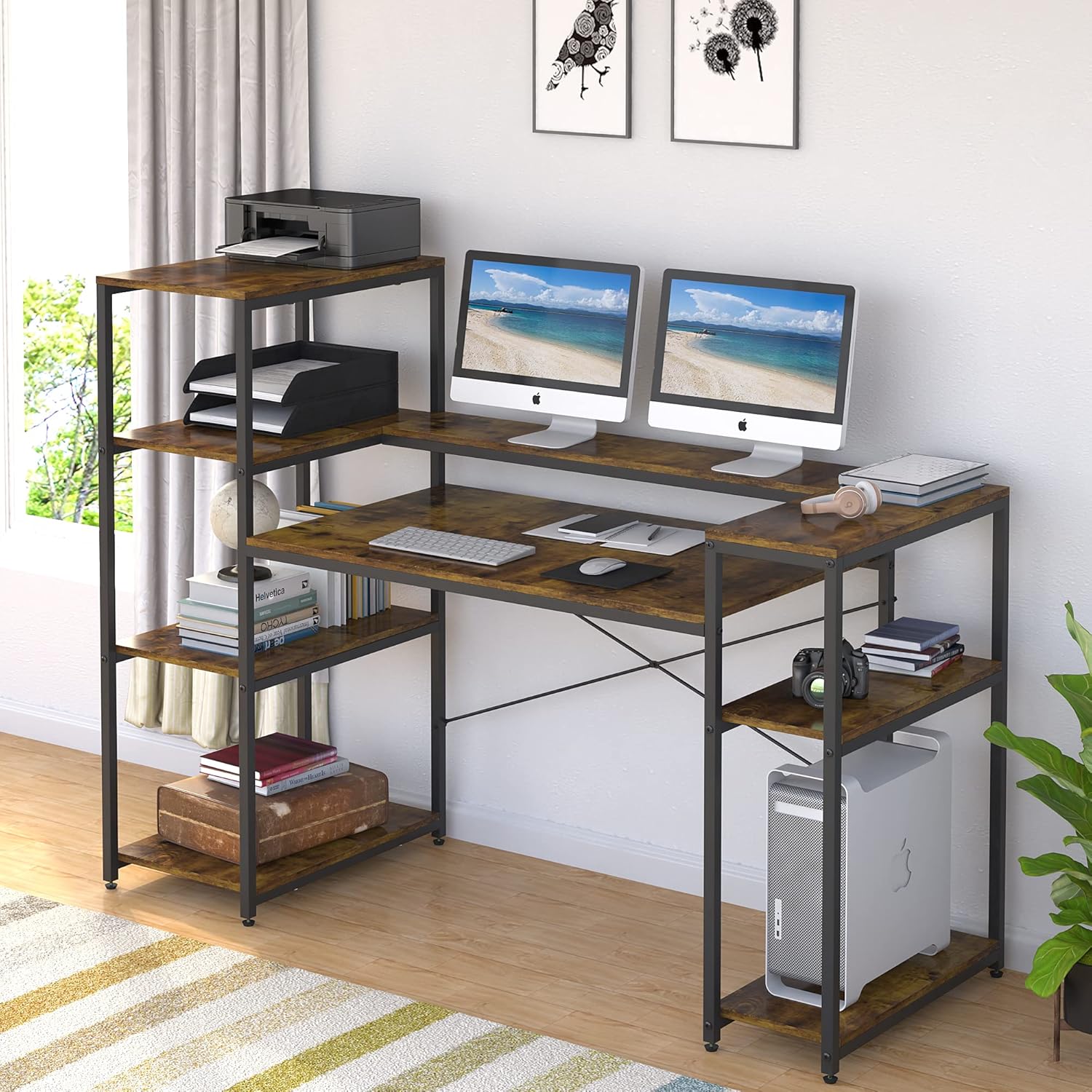 Computer Desk with 4Tier Storage Shelves, 63 Inches Large