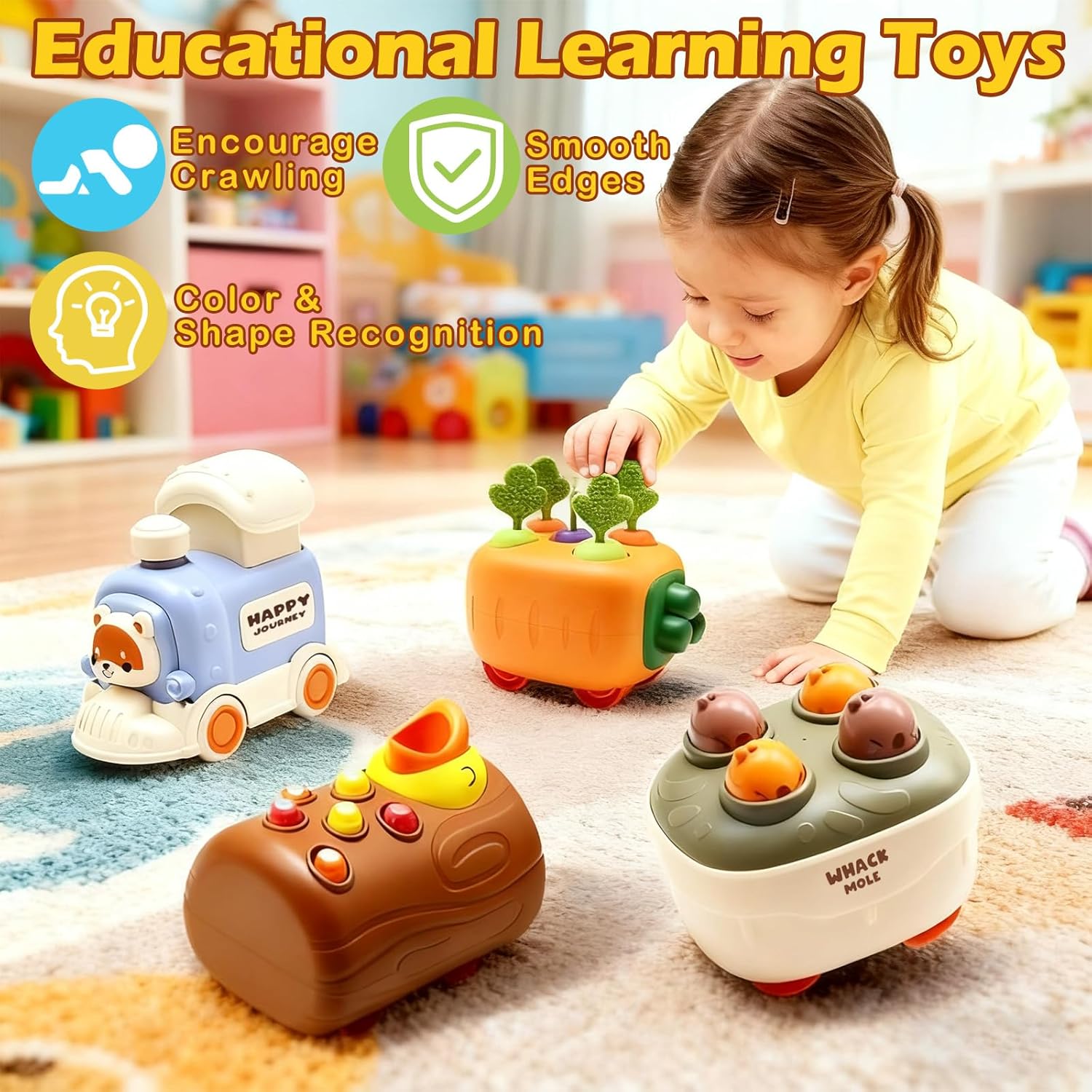 Press and Go Car Toys, Kids Train Set with Whack-A-Mole, Woodpecker Worm, Carrot Harvest Game, Car Racing Trucks for Toddler Travel Toys, Baby Learning & Education Train Birthday Boy Girl Gift