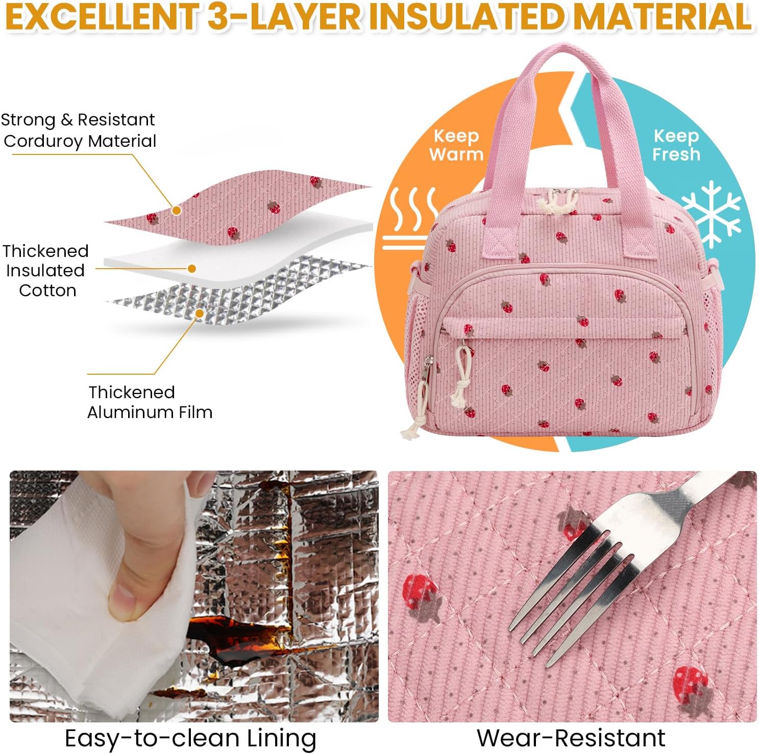 ELONGRIVER Corduroy Insulated Lunch Bag for Women Teen Girls image 3