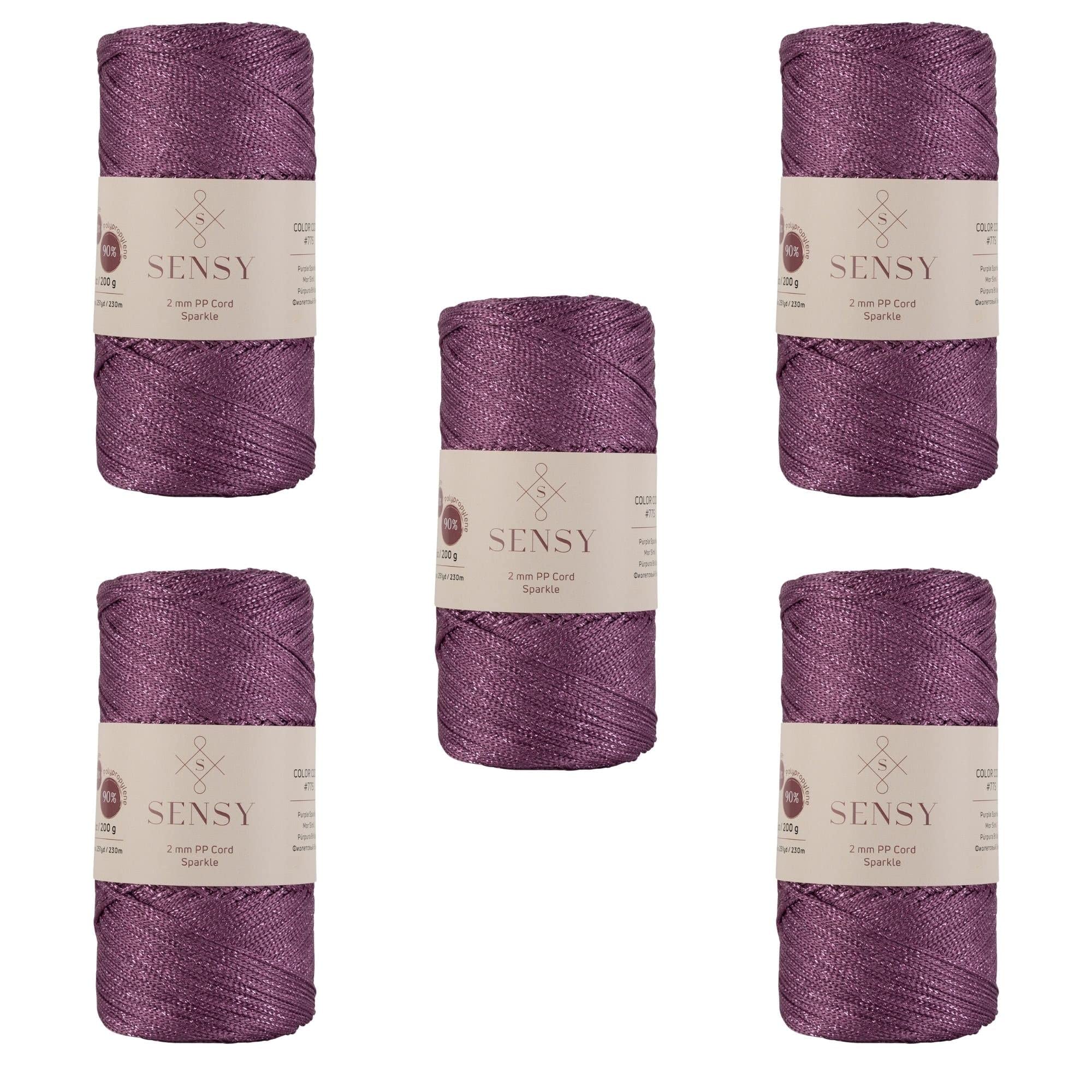 5 Garnstrange Sensy Premium 2 mm 230 Meter Glitzer Polyester-Seil, 90% Polypropylen, 10% Polyesterschnur, Makramee-Kordel 2 mm Häkeltasche Kordel Makramee Seil Häkelgarn Geschenk für Strickwaren