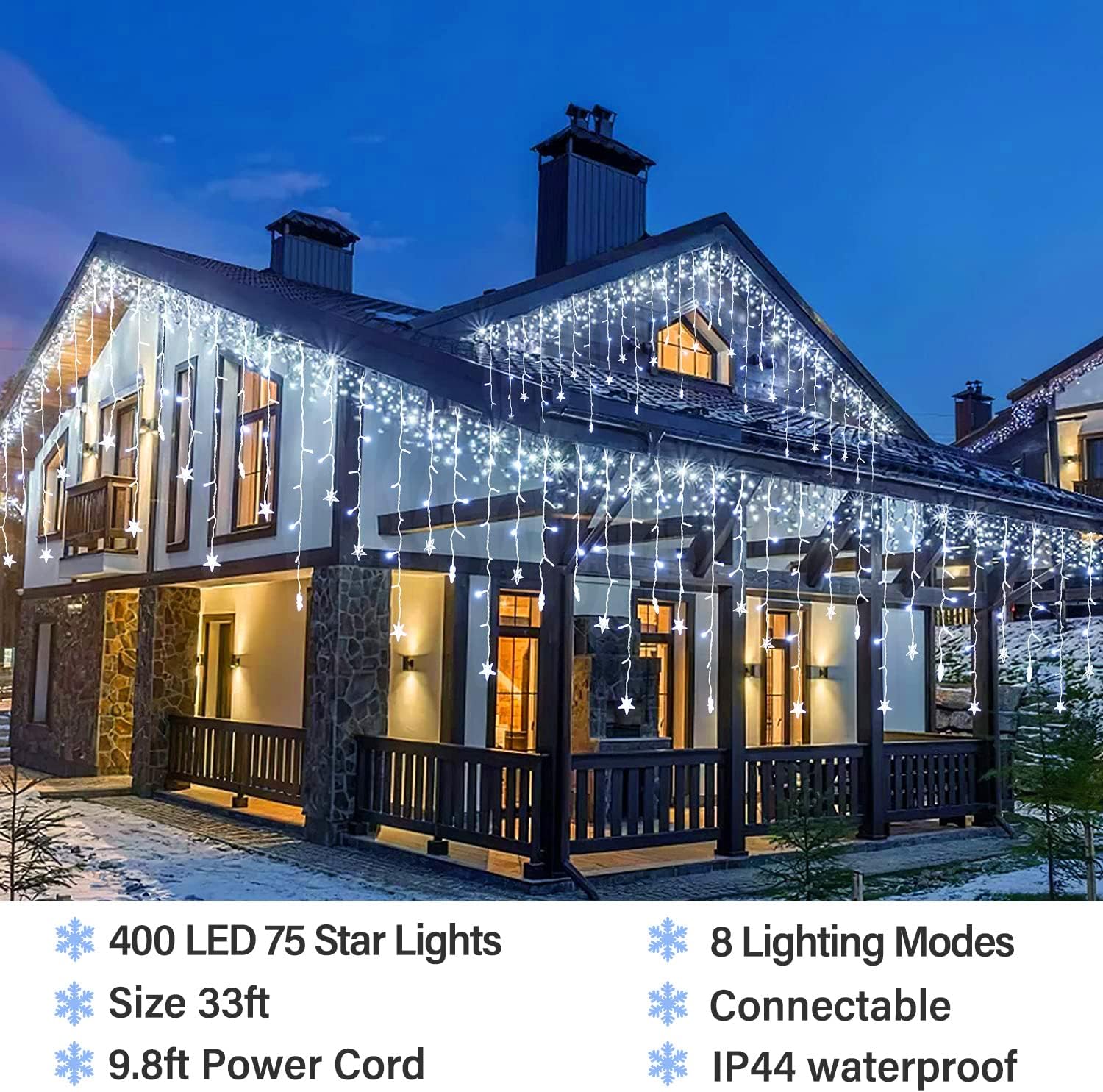 White Christmas Lights Outdoor Decorations, 33Ft 400 Led 8 Modes Icicle Lights Outdoor Waterproof String Fairy Lights for Party, Bedroom, Yard, Wedding Waterfall Lights Christmas Decorations （White）