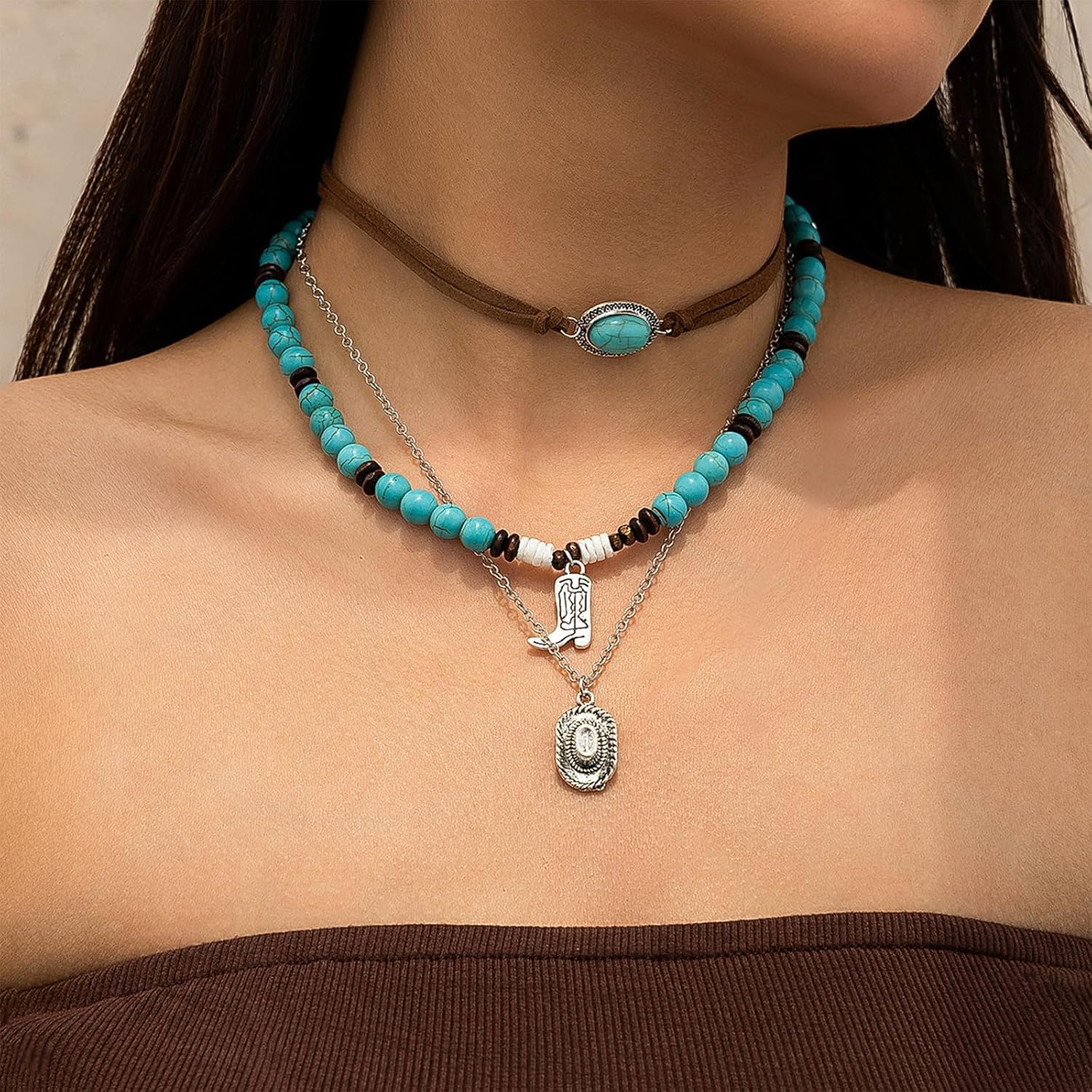 HUASAI Western Necklaces Jewelry for Women Turquoise Necklace Cowgirl Jewelry for Rodeo & Country Concert Outfits Teal Western Accessories with Bull Head Pendant Boho Dresses - Image 2