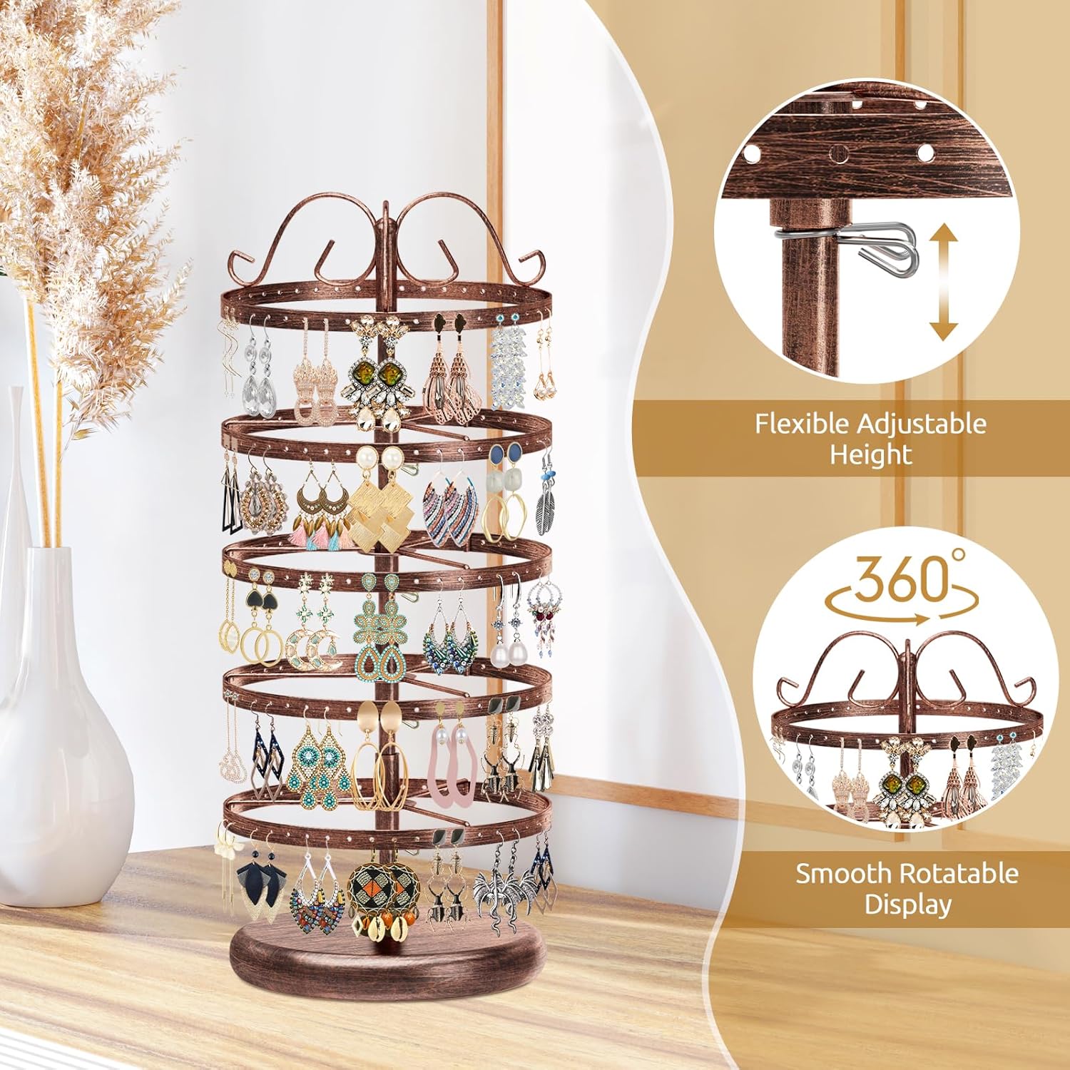 Modowey Rotating Earring Holder Organizer Stand, 5 Tier Metal Tree Display for Women Vendors, 220 Holes Adjustable Jewelry rack for Stud Hoop Dangle Storage, Trendy Carousel Keeps Dresser Neat, Bronze - Image 4