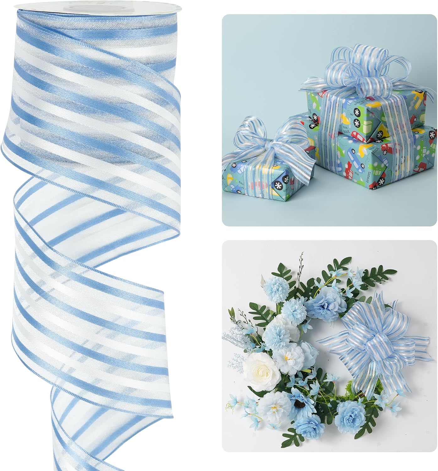 HUIHUANG Blue White Stripe Sheer Ribbon 2.5 inch Continuous 10 Yards
