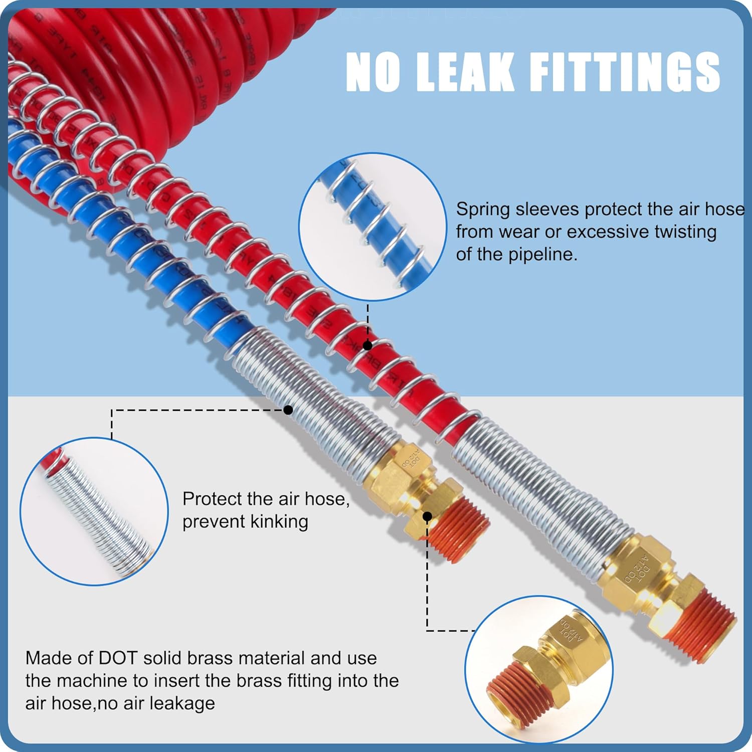 Air Brake Line Hose Coil Assembly Coiled Set 15 FT Air Lines Red Blue Hoses for Semi Truck Tractor Trailer,1/2" NPT DOT Fittings (15' Length x 12" Tractor Lead)