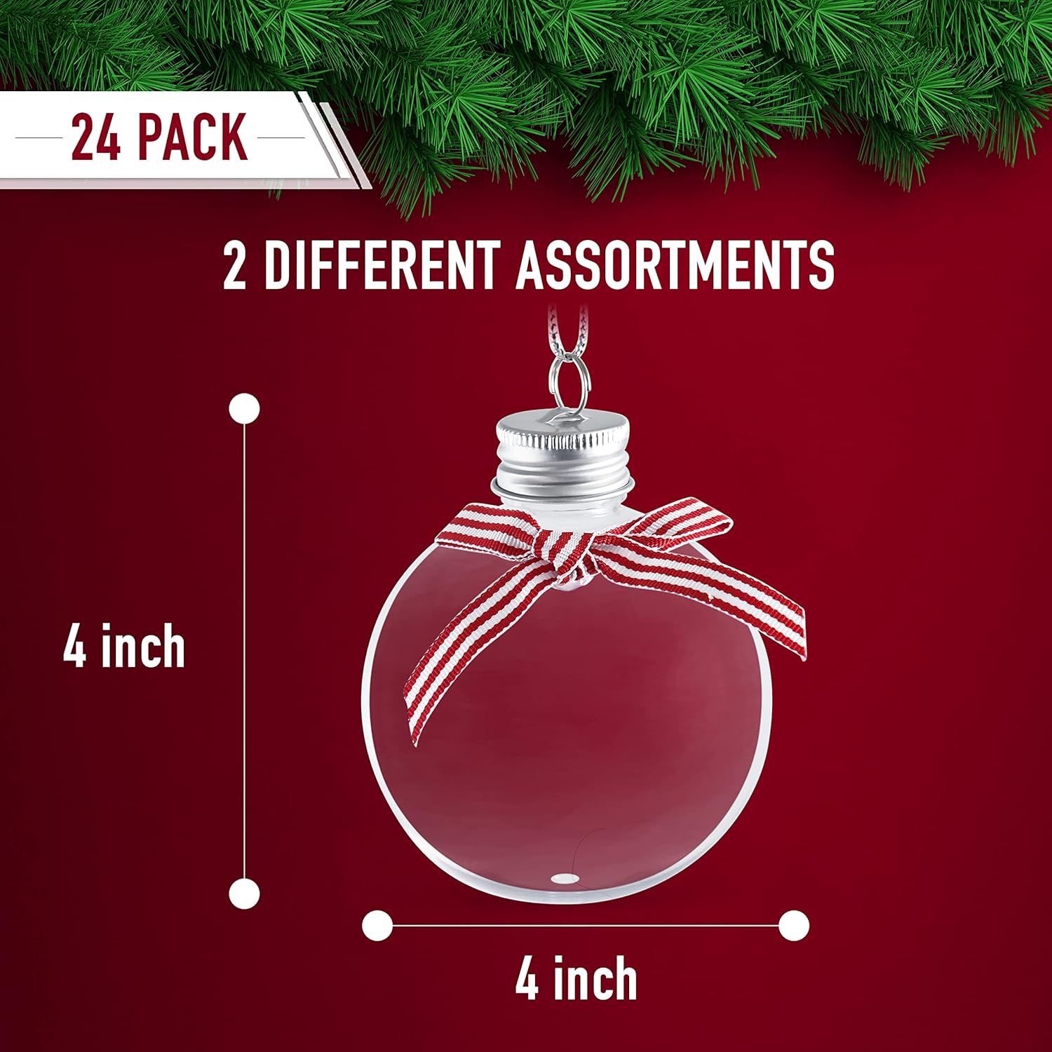 RN'D Toys Clear Fillable Ornaments - Shatterproof Transparent Plastic Craft Ornament Balls Decorations with Red and White Ribbon for DIY Christmas Ball Sphere Tree Ornament 4" Set- Pack of 24