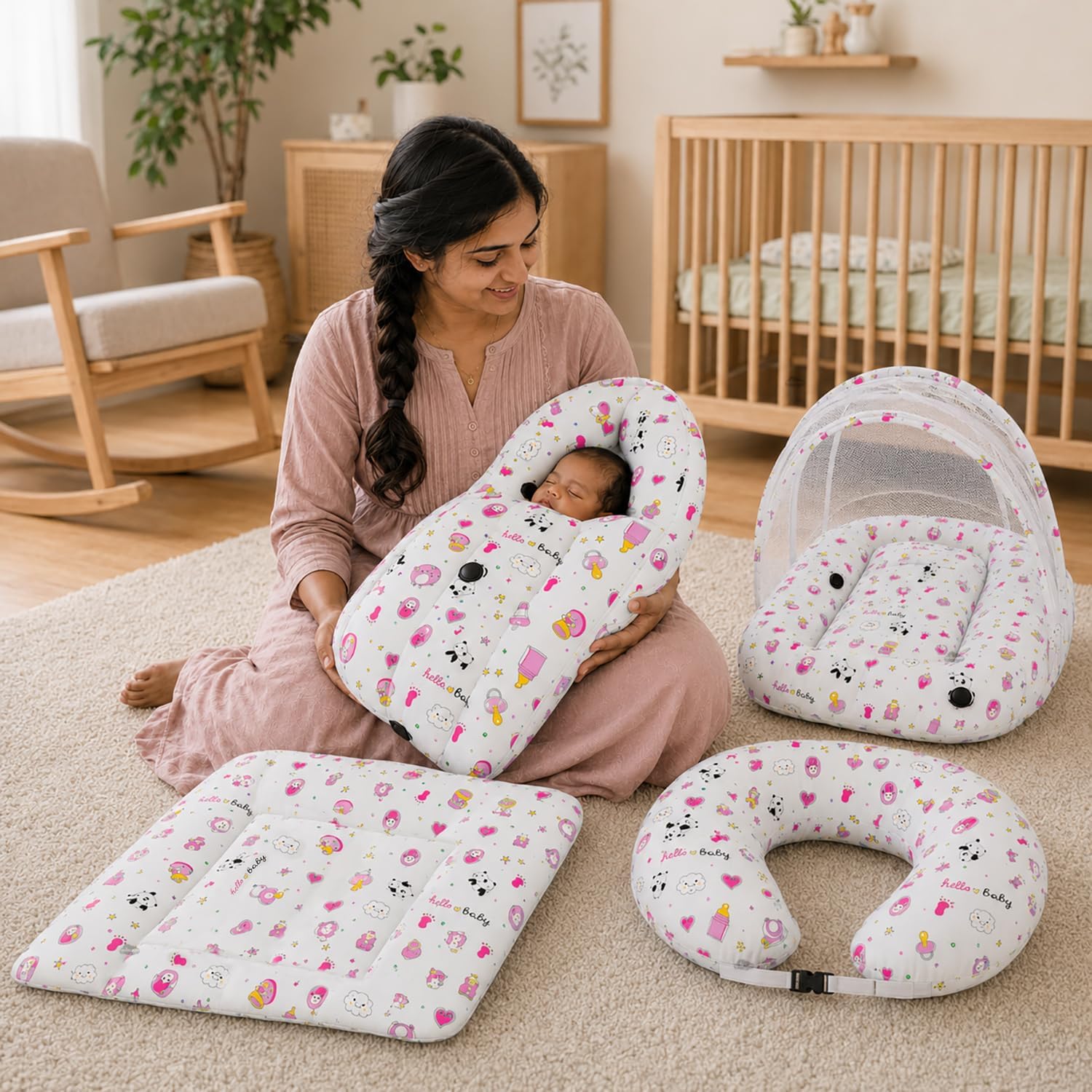 Baby Bedding Set, 4 Pcs Cotton Sleeping Essential|Baby Sleeping Bag|Sleeping Mattress|Mother Nursing Feeding Pillow|Mosquito Net Bed for 0-6 Months (Panda Pink)