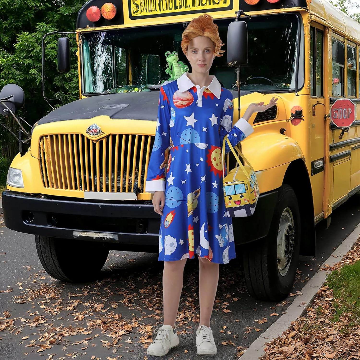 4 Pcs Ms Frizzle Dress Costume Women Teacher Halloween Costume Set with Wig School Bus Bag Plush Toys Accessories Set - Image 6