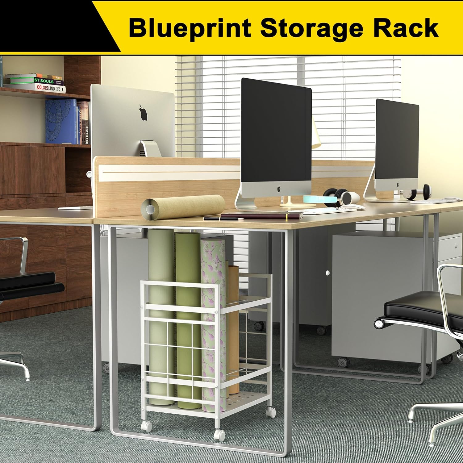 GIOTORENT Blueprint Storage Rack, Blueprint Holder with Wheels, Used for Storing Map/Poster/Blueprint/Architectural Construction Plan, 12 Slots, 2 Brakes, Silent Wheel for Home, Office, School(White)