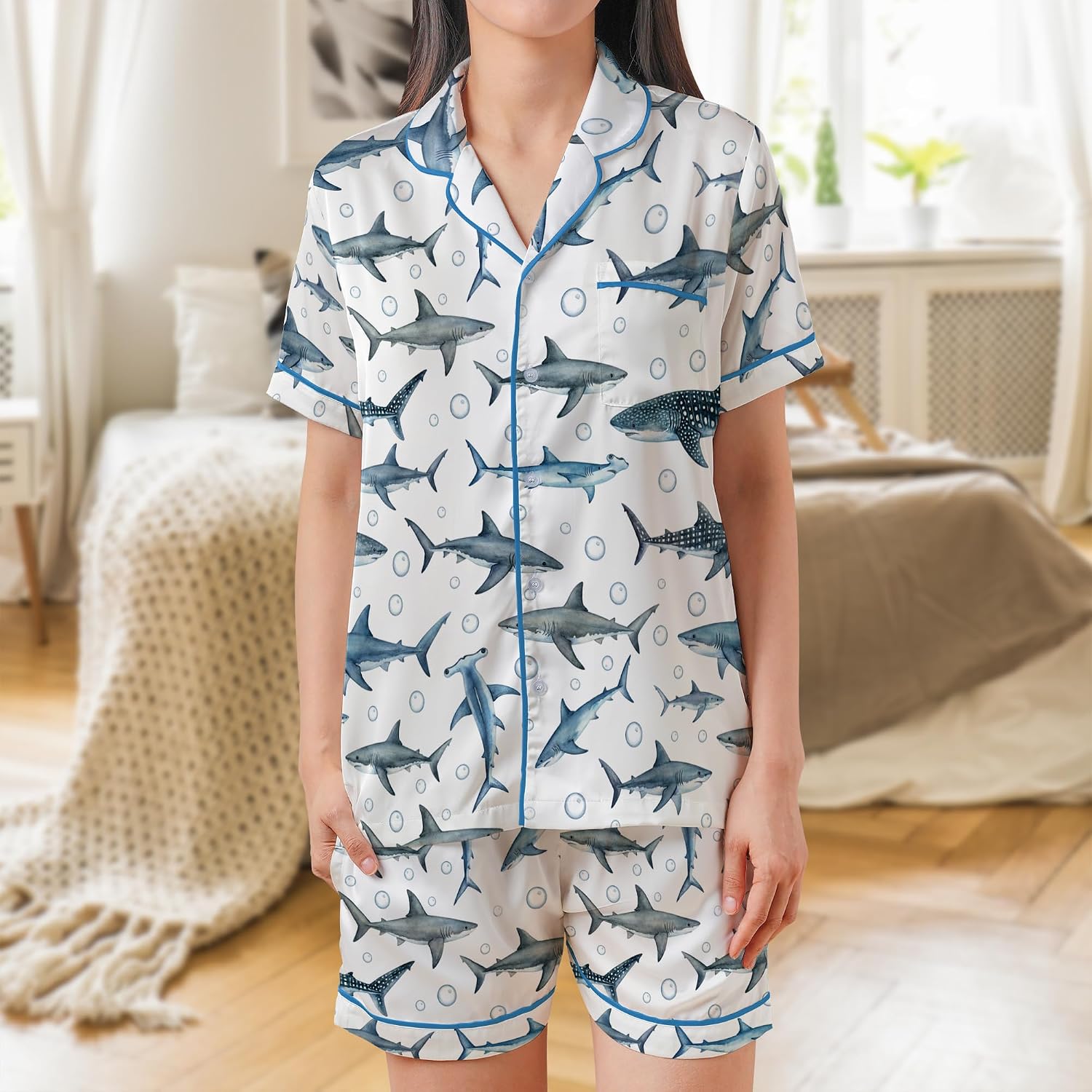 ThuhaTree Store Cute Shark Pajamas Set Short & Long, Shark Theme Pajamas Set Design For Lovers