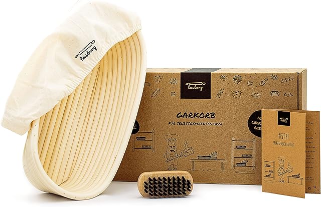 Tastory® Bread Proofing Basket Set Oval 28 cm - Including Wooden Baking Brush & Recipe I Ideal for 1 kg Bread Proof Basket Made of Wicker for Baking Bread | Rattan Bread Basket
