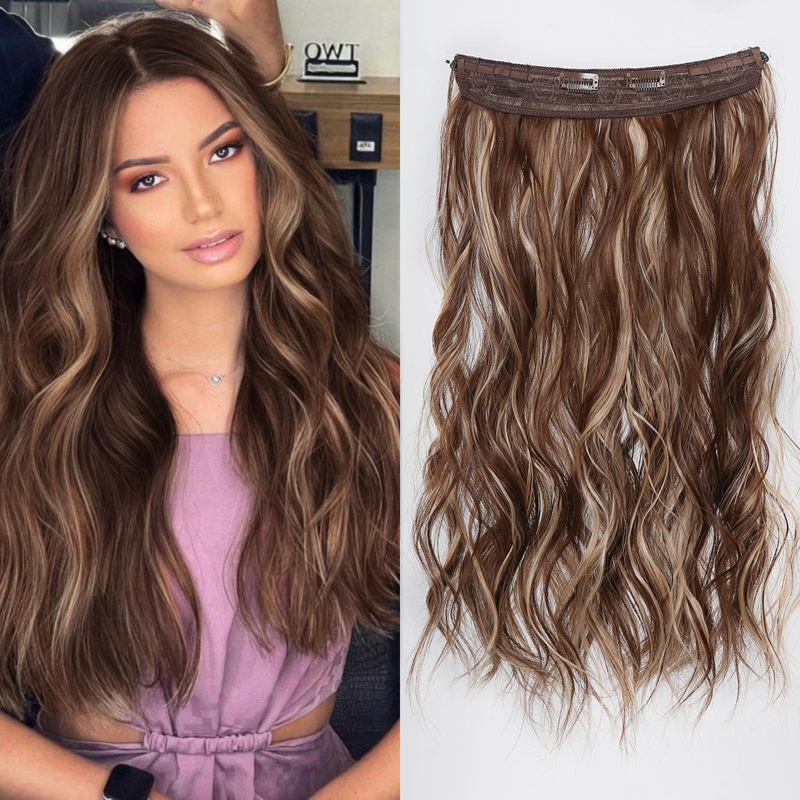 topshe Brown with Blonde Highlights Wavy Secret Hairpieces with Clips