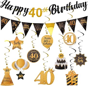 Black & Gold 40th Birthday Decorations for Women and Men - Pre-Strung Happy Birthday Banner With 10PCS Hanging Swirls