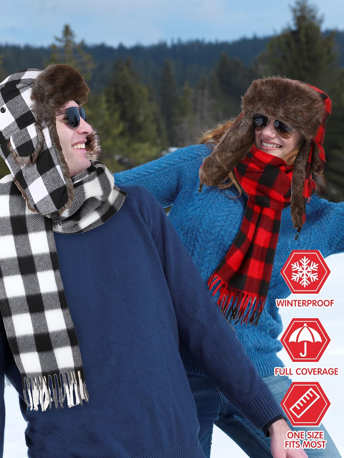 6 Pcs Christmas Winter Warm Knitted Set Buffalo Plaid Hats Scarf Touch Screen Gloves for Women Men Christmas Soft Beanie Fleece Hat Scarf, Black Red, Black White - Image 7