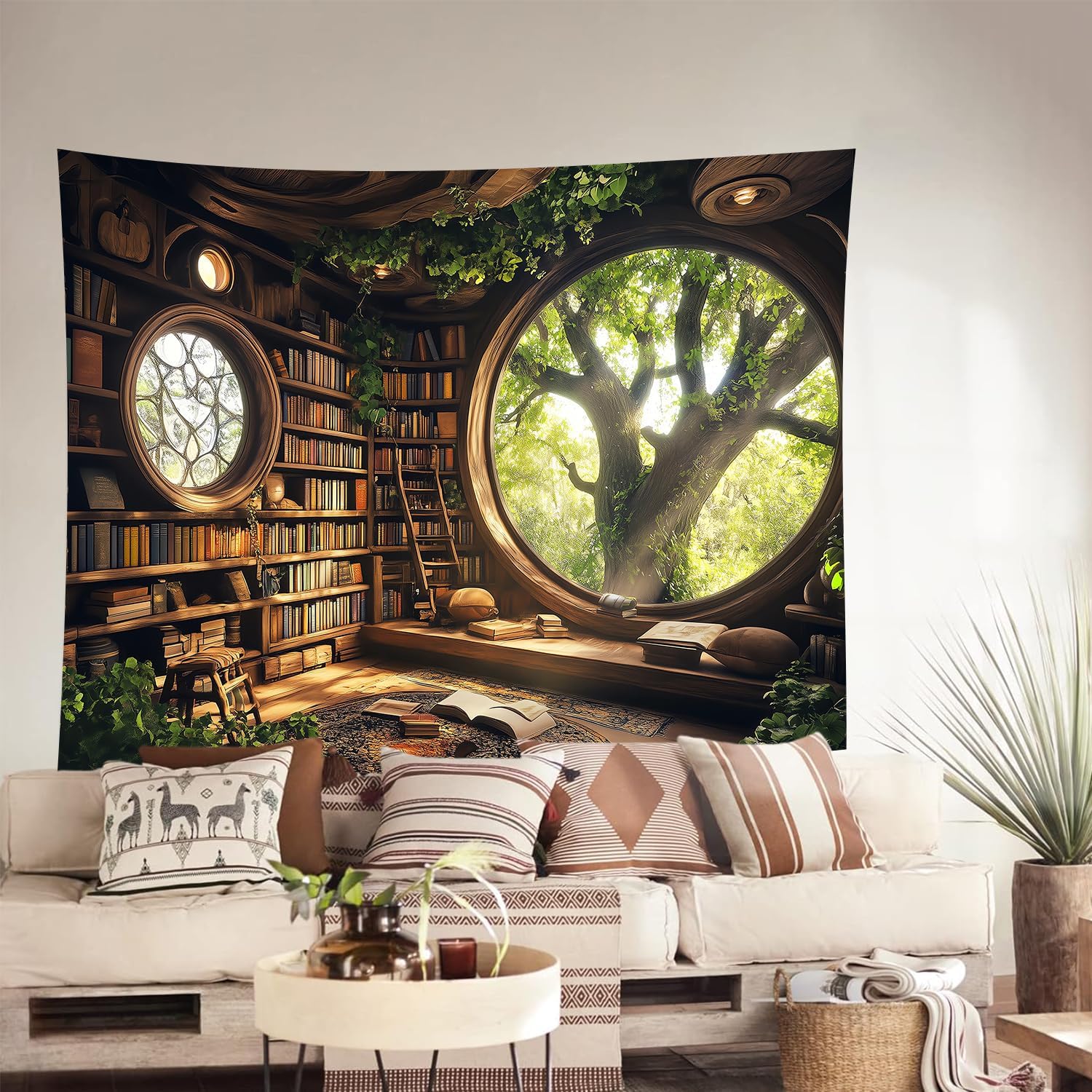RichIdeas 80x60 Inches Tree Bookshelf Tapestry Window Tapestries Treehouse Tapestries Reading Blanket Decor for Windowless Office Room Bedroom Living Room Home Decor RITADJ1319