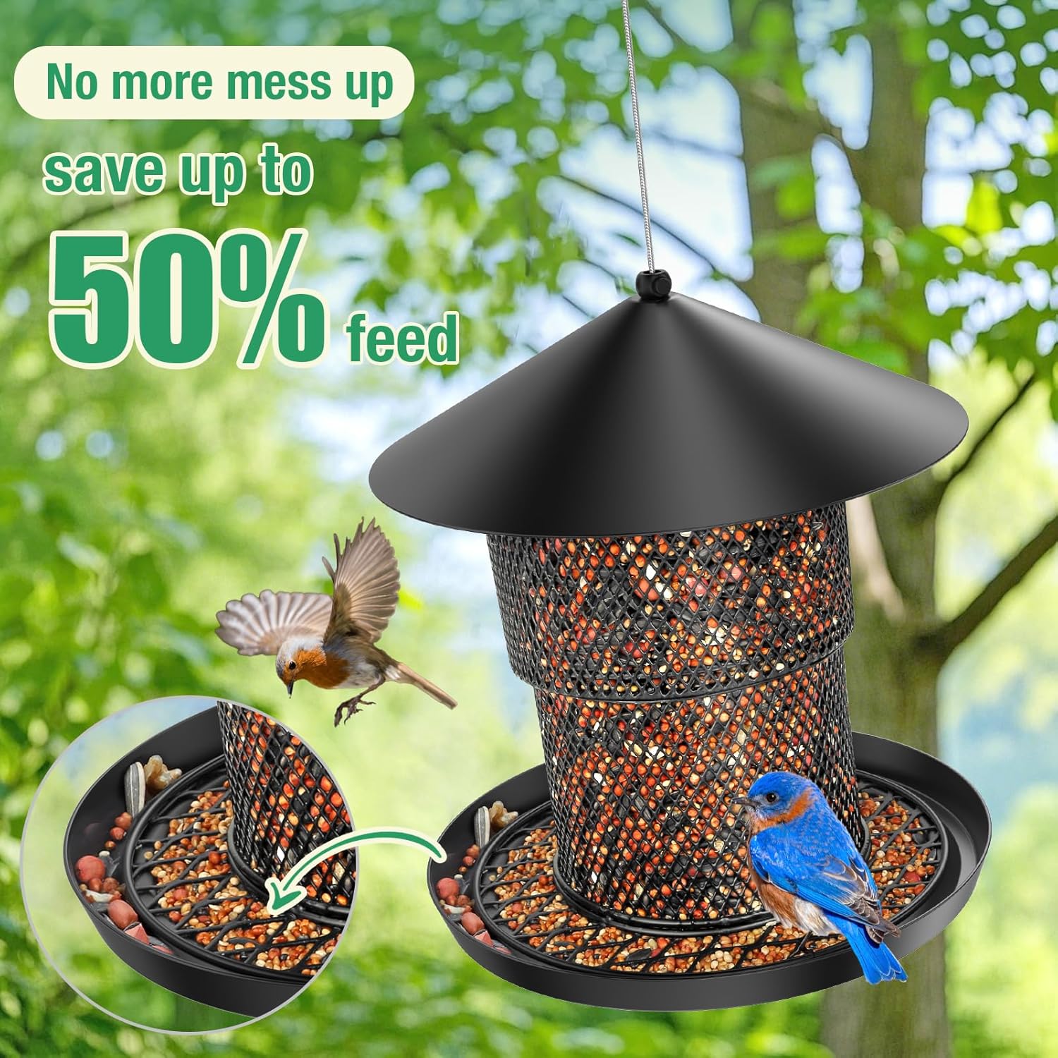 Bird Feeder for Outdoor Hanging, No Mess No Spill - Birdfeeder for Outdoor, Squirrel Proof Bird Feeder w/Catch Tray - Large Capacity All-Metal for Outside Hanging