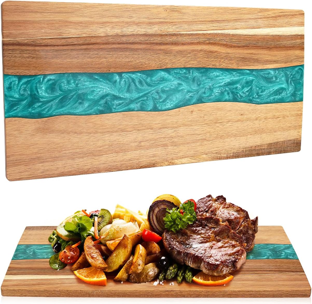 Acacia Wood Cutting Board with Resin Wave Design - Kitchen Chopping Board for Meat, Vegetables, Fruits, and Cheese - Wooden Epoxy Serving Tray - 18x9 Inches