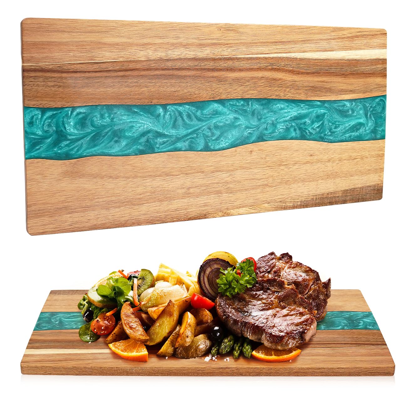 Planche à découper en bois d'acacia avec motif vague en résine – Planche à découper de cuisine pour viande, légumes, fruits et fromage – Plateau de service en bois époxy – 45,7 x 22,9 cm