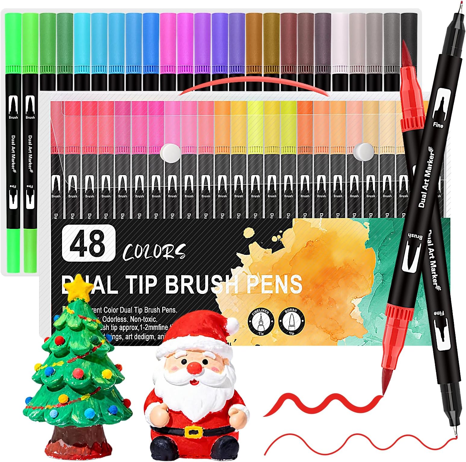 Funnasting Dual Tip Colouring Pens, 48 Colours Felt Tip Pens for Adults, Fineliners Brush Pens Art Markers for Colouring Books Drawing Painting Sketching