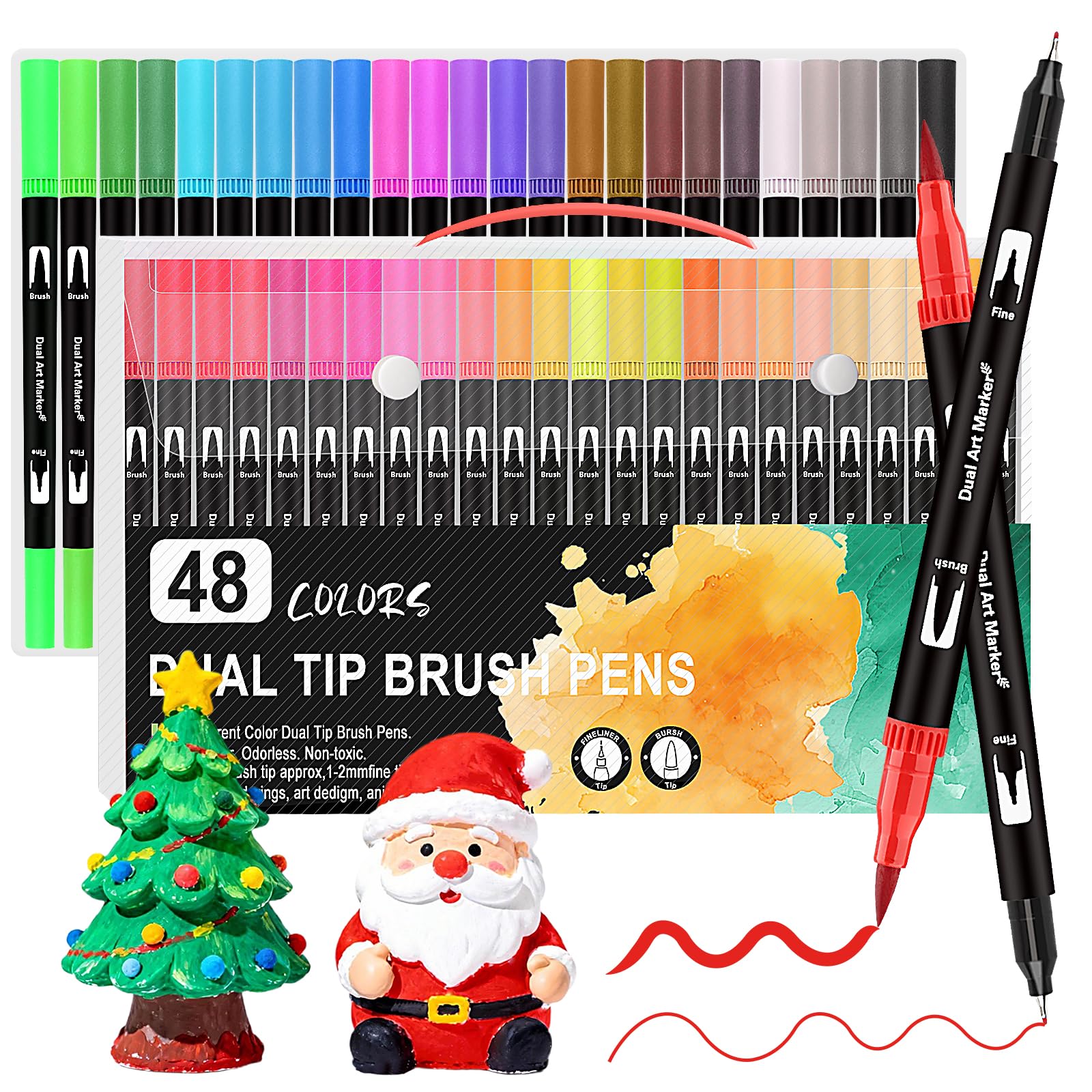 Funnasting Dual Tip Brush Pens, Colouring Pens 48 Colors Felt Tip Pens Art Markers with Flexible Nylon Brush Tip & Fineliner Tip for Colouring/Drawing/Sketching/Painting