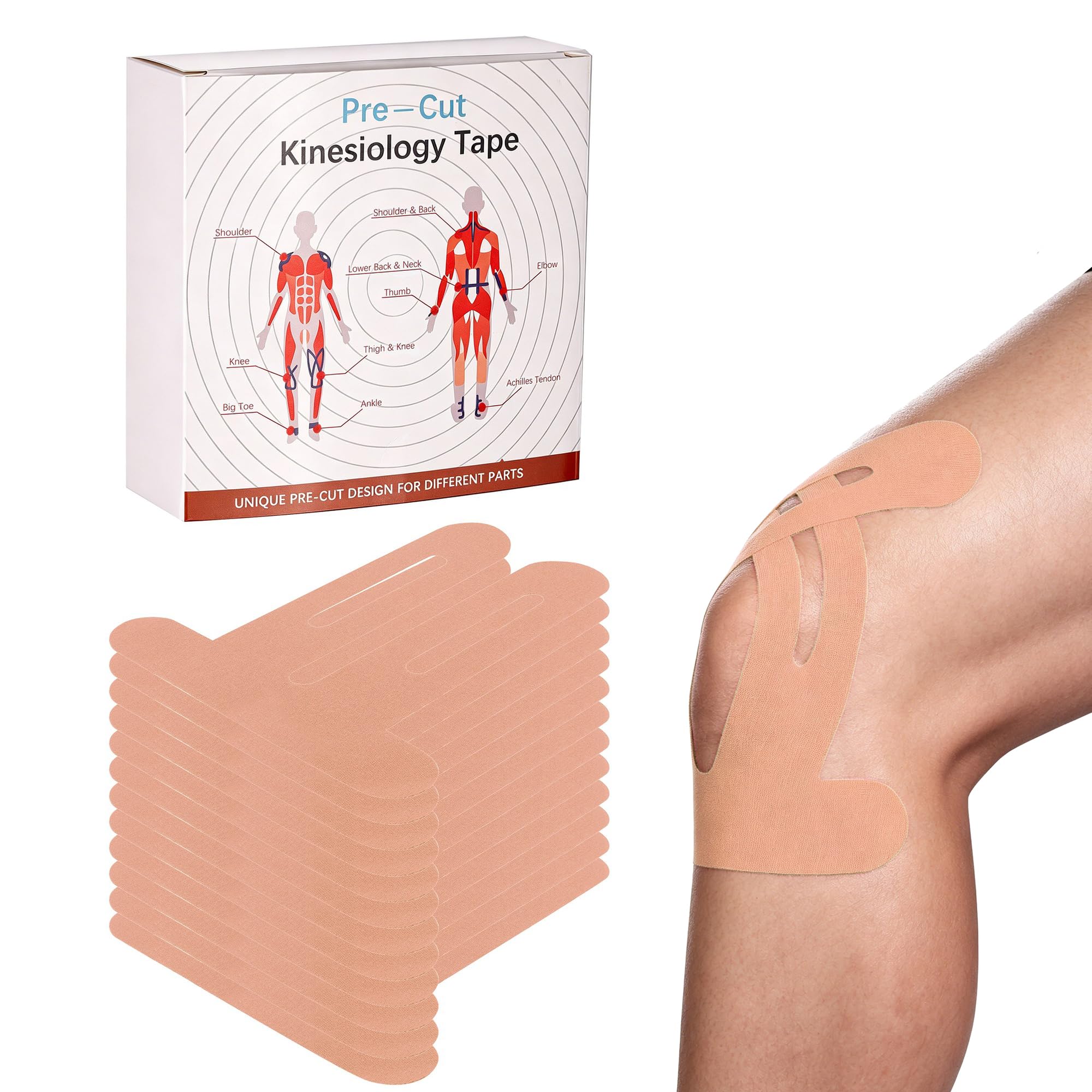 Faletony 12 Stück Kinesiotapes, Knie Tape Vorgeschnitten, Kinesiologie Tape | Tapes für Knieschoner, Wasserfestes & Elastisches Profi Physio Tape für Knieschmerzen Sport Dauerhafte, hautfarbe