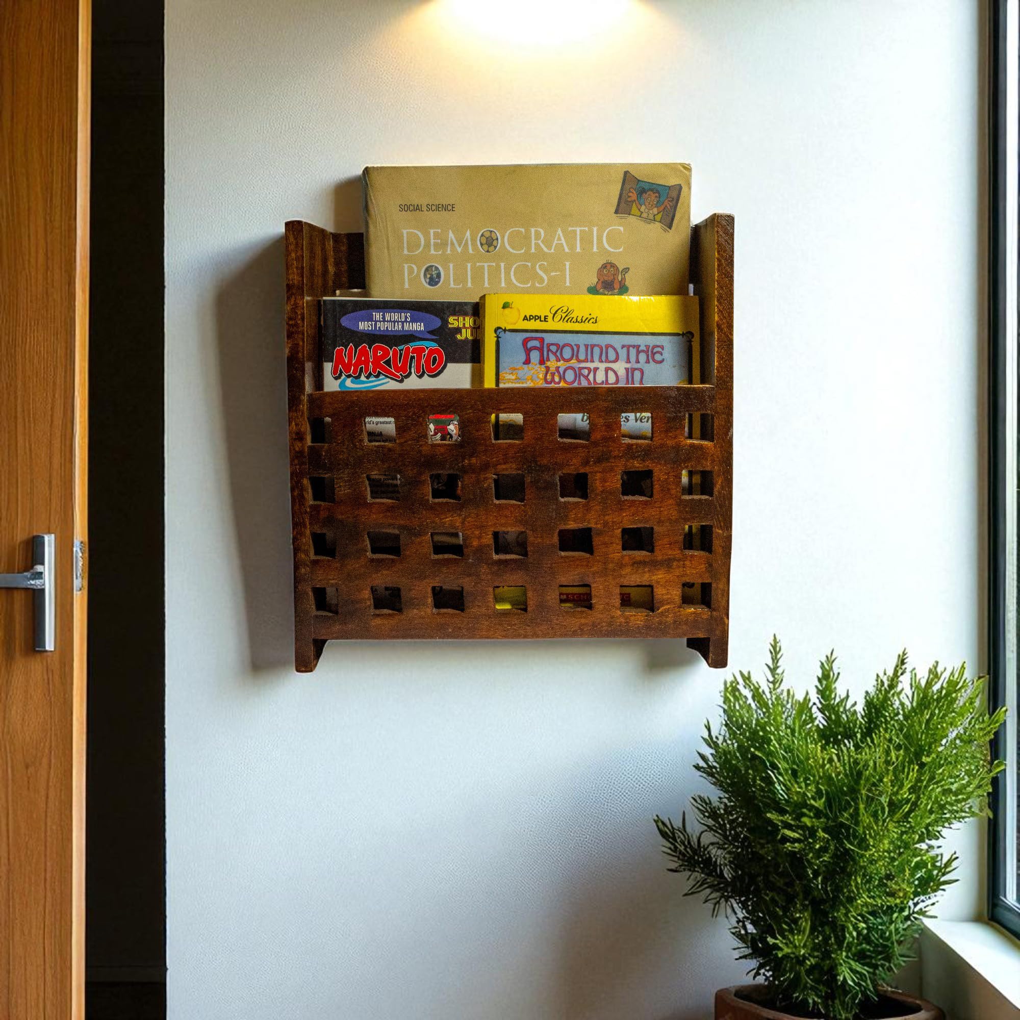 THE URBAN STORE Magazine Holder, Book Holder, Paper Stand Wall Mounted Wooden Walnut Color 10"x 4"x 11" Pack Of One French Country Style Elegantly Hand Crafted For Home And Office Decor TUSMG07
