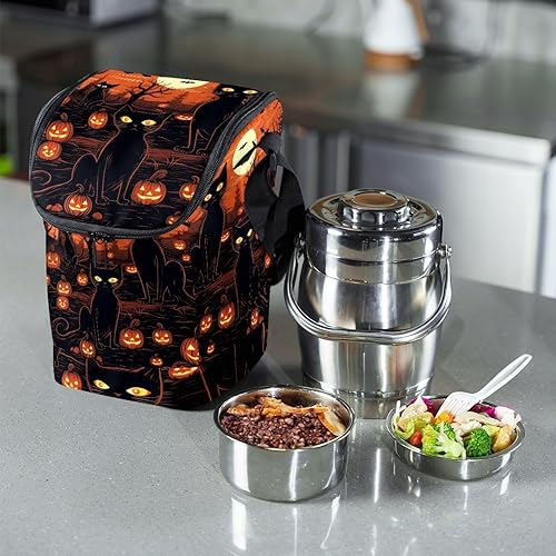 Miniatura 6 de Lonchera de gato de Halloween para mujeres y hombres, bolsa de almuerzo reutilizable de alta capacidad para el trabajo y picnic