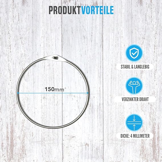 HOHAGE Goods Ring & Key Ring Large 150 mm Diameter (Pack of 5) - Versatile Metal Ring with Easy Closure - Durable Metal Rings for Opening for Versatile Uses