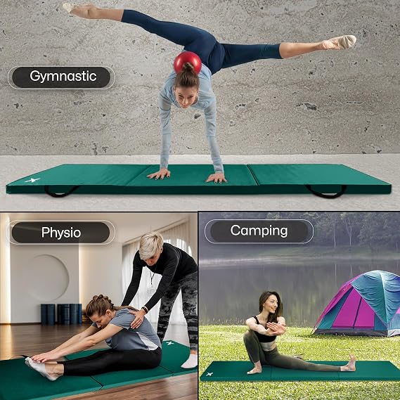 Xn8 Sports Tri-Fold Gymnastics Acro Tumble Mat –6cm Thick & 6Ft Long Foldable Gymnastic Exercise Crash Mats for Kids & Adults Non-Slip PU Leather Folding Gym Mat with Carrying Handles for Yoga Pilates