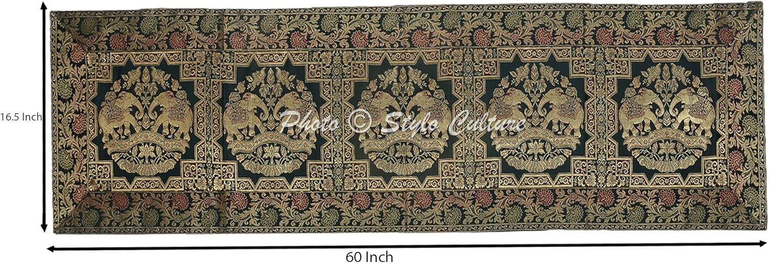 Stylo Culture Ethnic Extra Long Table Runner Dark Green Gold Elephant & Floral Brocade Jacquard Rectangle Home Decor Bohemian Long Wedding Table Cloth - Image 4