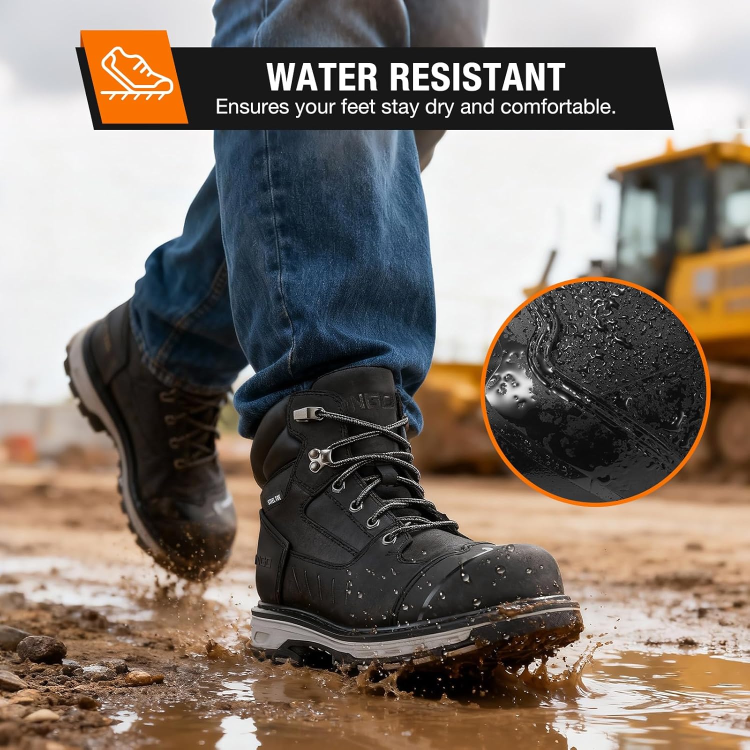 NINGO Steel Toe Work Boots for Men, Full-Grain Leather Non Slip Heavy Duty Construction Boots, Water and Oil Resistant, Puncture Proof Mens Safety Work Shoes for Industrial, Welding, Riding - Image 6