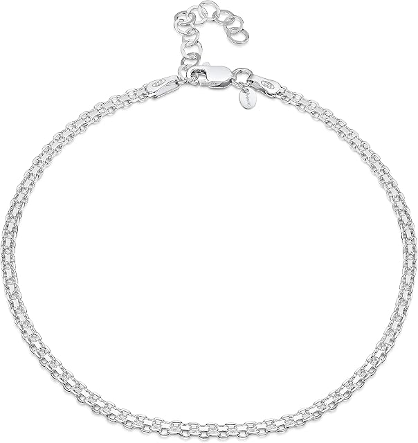 Amberta 925 Sterling Silver Adjustable Anklet - Classic Chain Ankle Bracelets - 9" to 10" inch - Flexible Fit