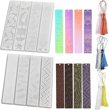 2 Set Bookmark Resin Molds, Rectangle Leaves Texture Flower Silicone Casting Molds Bookmark with 15 PCS Tassels for Making Handmade Decor Crafts