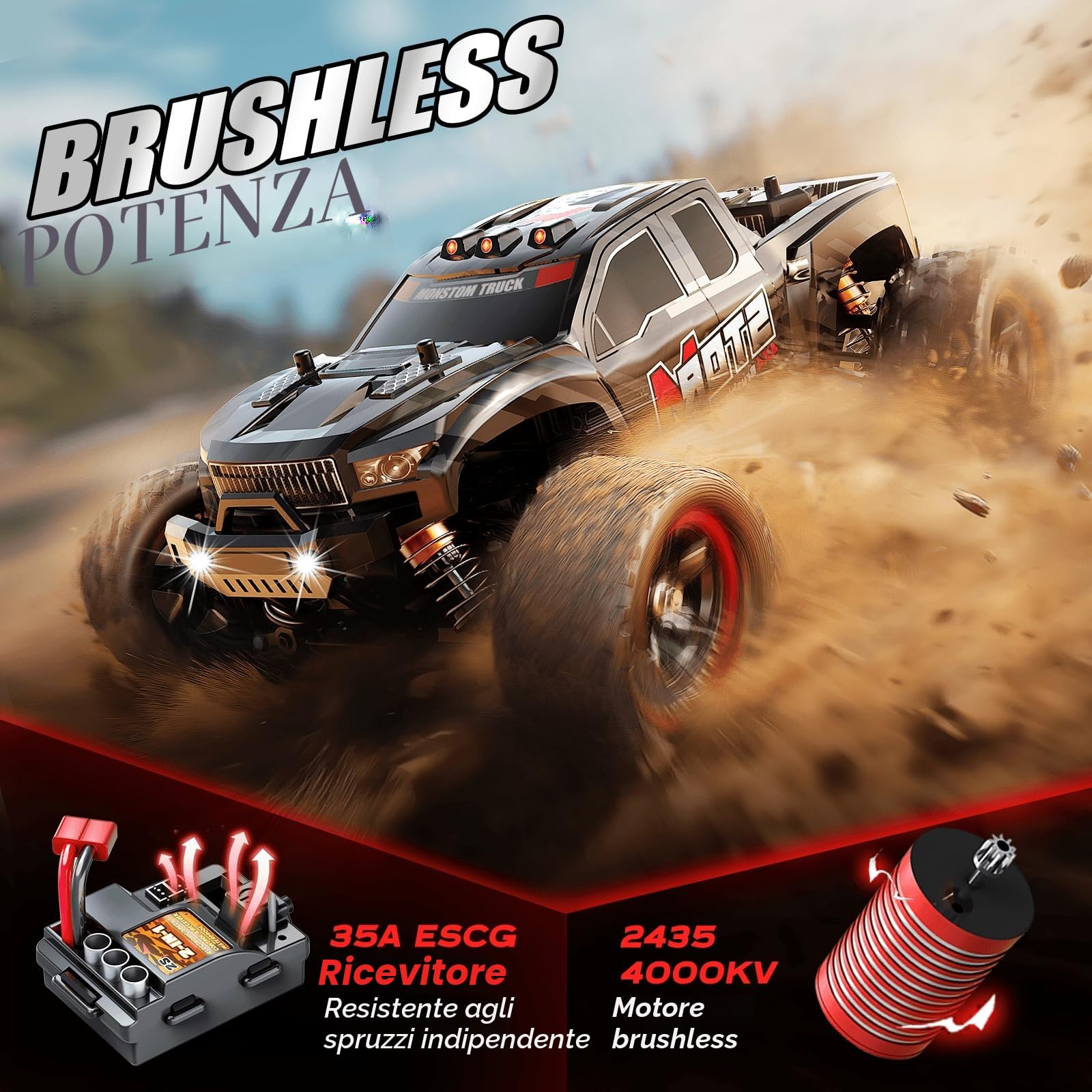 Macchina Telecomandata 4x4 Brushless 1:18, Macchina Radiocomandata Professionale RC Car 52 km/h con Trasmissione in Metallo, 2 Batterie 1500mAh e Kit Parti di Ricambio, Auto Radiocomandata