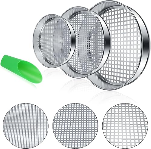 Windyun Tamiz de tierra Rock Garden, tamiz de tierra para arena, tamiz de compost, pantalla de tamiz de tamiz, bandeja de tamiz de metal con pala,